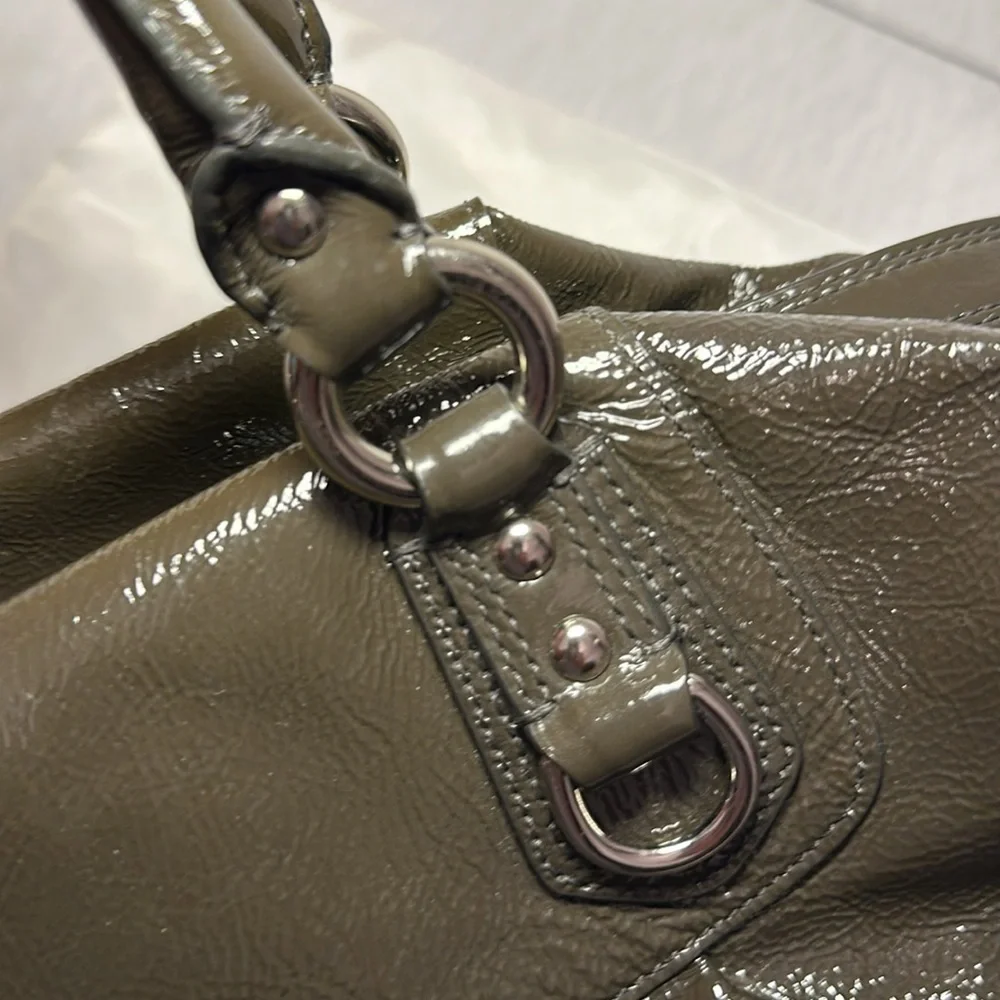 Coach Madison Sabrina Satchel Olive Green/Gray Authentic Patent Leather Purse